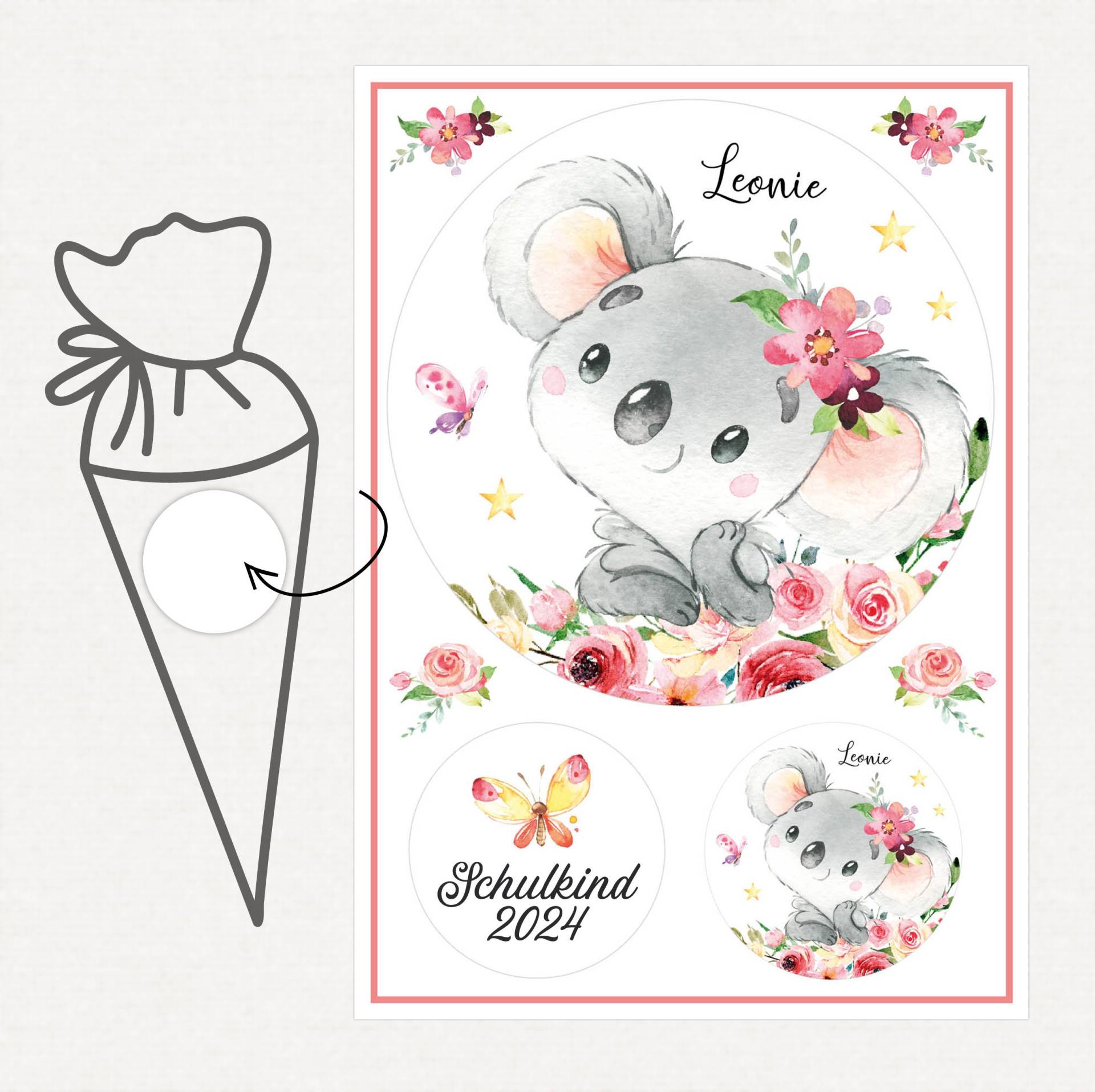 Applikation Aufnäher Schultüte Personalisiert Mit Name, Koala Blumen von SmallTreasuresDE