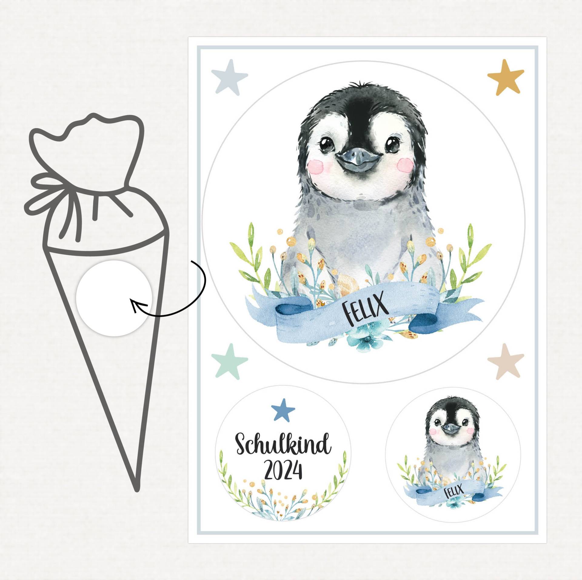 Applikation Aufnäher Schultüte Personalisiert Mit Name, Pinguin von SmallTreasuresDE