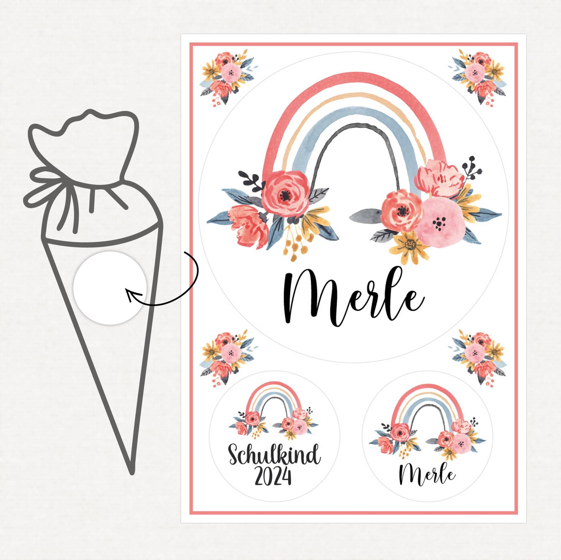 Applikation Aufnäher Schultüte Personalisiert Mit Name, Regenbogen Blumen von SmallTreasuresDE