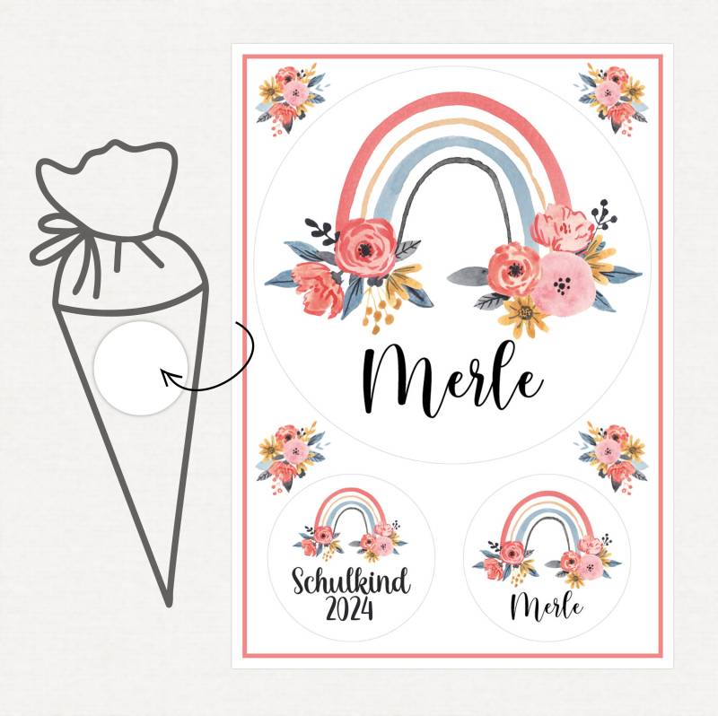 Applikation Aufnäher Schultüte Personalisiert Mit Name, Regenbogen Blumen von SmallTreasuresDE