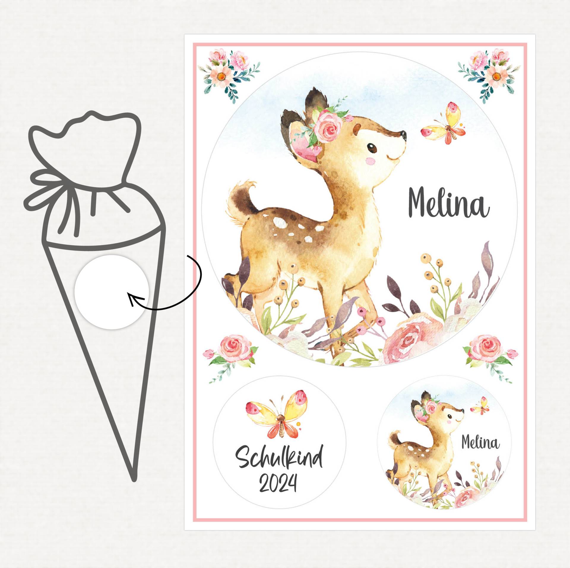 Applikation Aufnäher Schultüte Personalisiert Mit Name, Reh Blumen Mädchen von SmallTreasuresDE