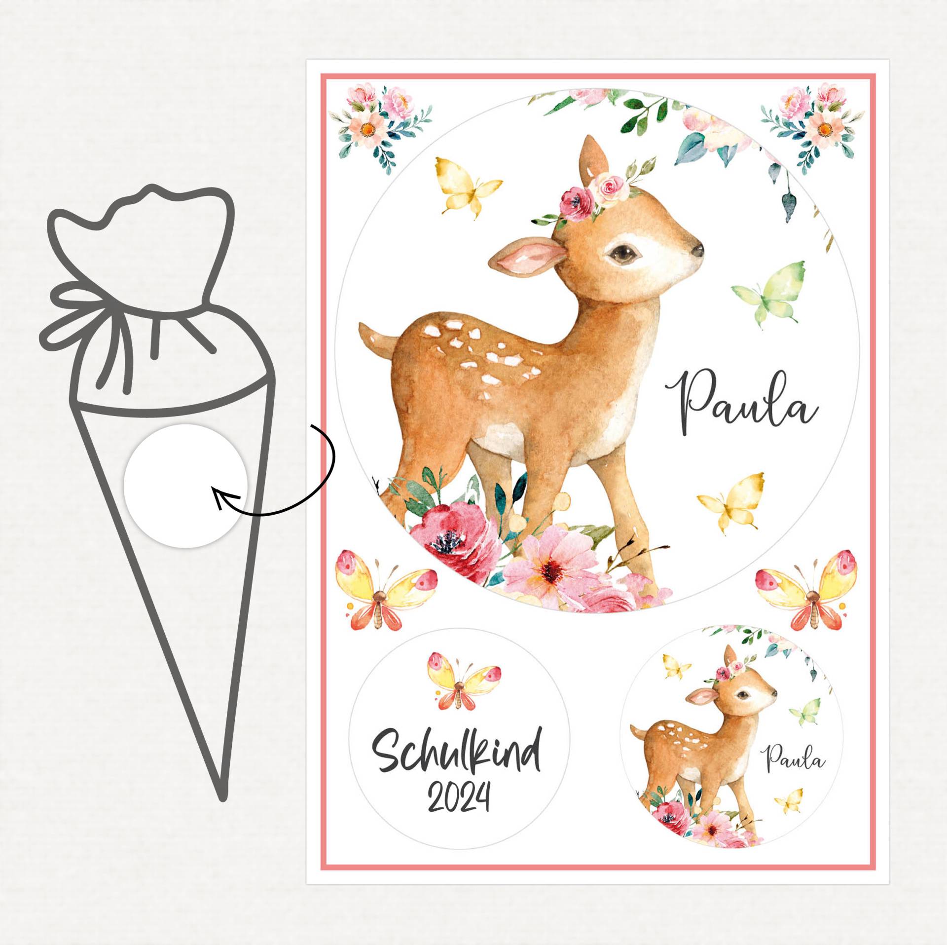 Applikation Aufnäher Schultüte Personalisiert Mit Name, Reh Blumen Mädchenschultüte von SmallTreasuresDE