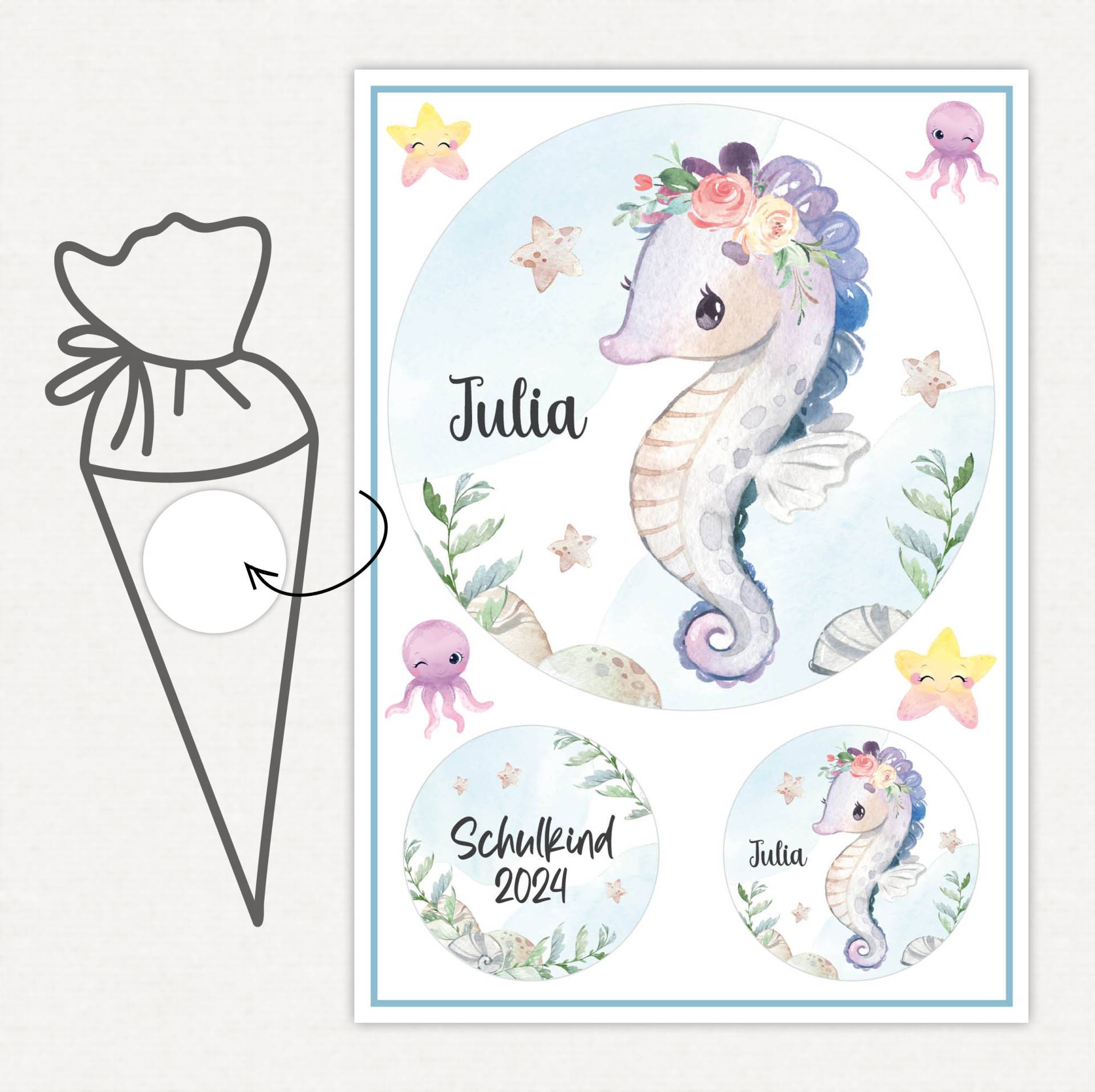 Applikation Aufnäher Schultüte Personalisiert Mit Name, Seepferdchen von SmallTreasuresDE