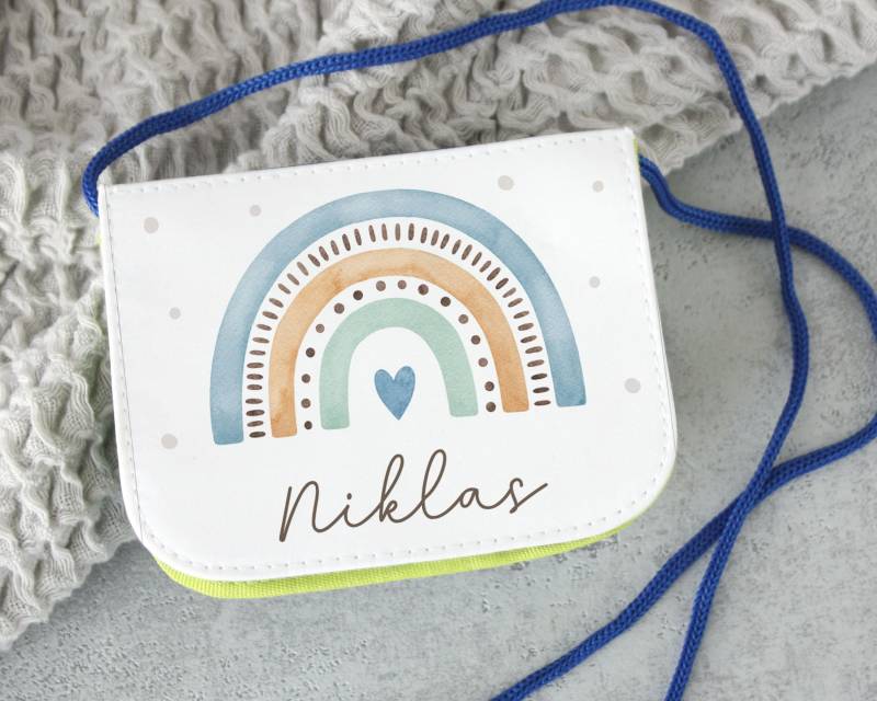 Brustbeutel Für Kinder Regenbogen Blau, Personalisiert Mit Name, Portmonee Geldbörse von SmallTreasuresDE