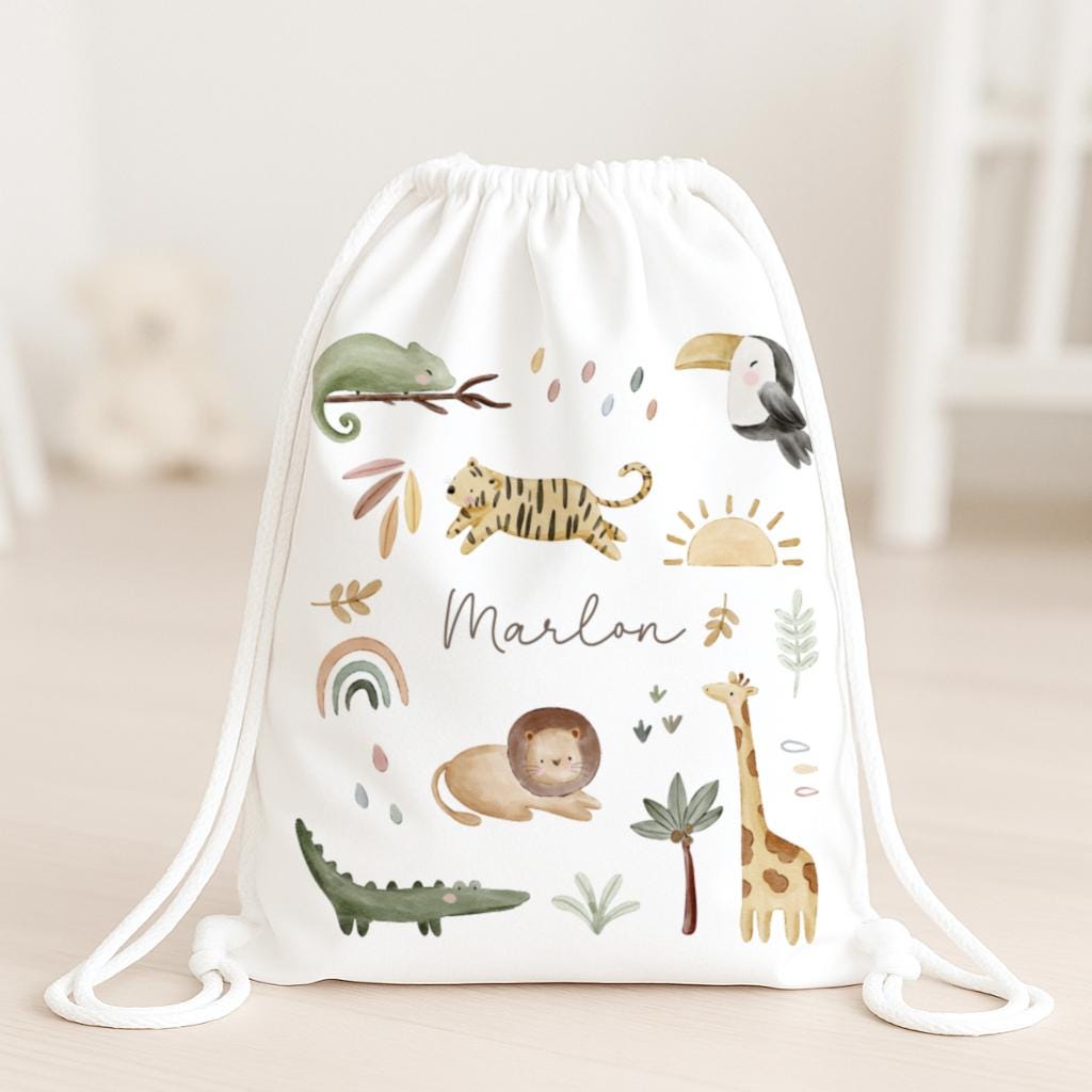 Kinder Turnbeutel Dschungeltiere | Stoffbeutel Mit Namen Stofftasche Personalisiert Wechselsachen Turnsachen von SmallTreasuresDE