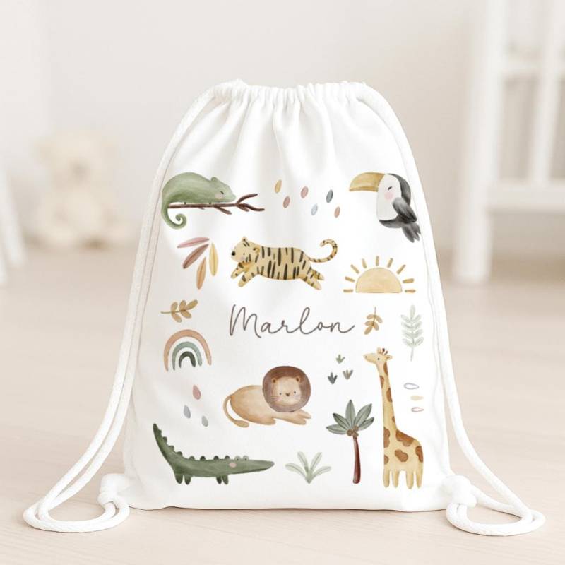 Kinder Turnbeutel Dschungeltiere | Stoffbeutel Mit Namen Stofftasche Personalisiert Wechselsachen Turnsachen von SmallTreasuresDE