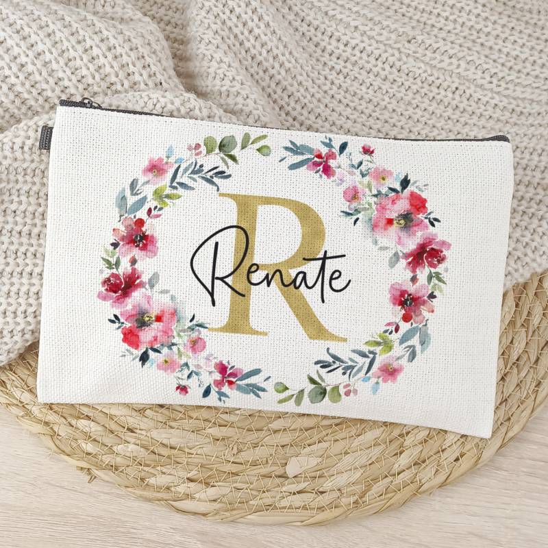 Kosmetiktasche Reißverschlußtasche Mit Initial Personalisiert Blumenkranz Bunt von SmallTreasuresDE