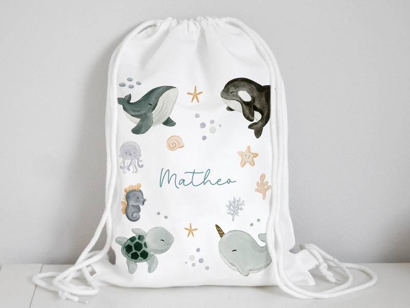 Turnbeutel Stofftasche, Kindergartentasche Mit Name Personalisiert Meerestiere Wal Delfin, Wechselsachen von SmallTreasuresDE
