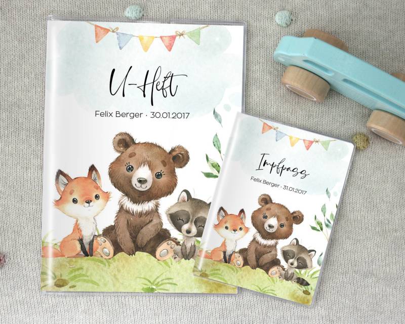U-Heft-Hülle Impfpass Reisepass Kinderreisepass, Personalisiert Waldtiere Bär von SmallTreasuresDE