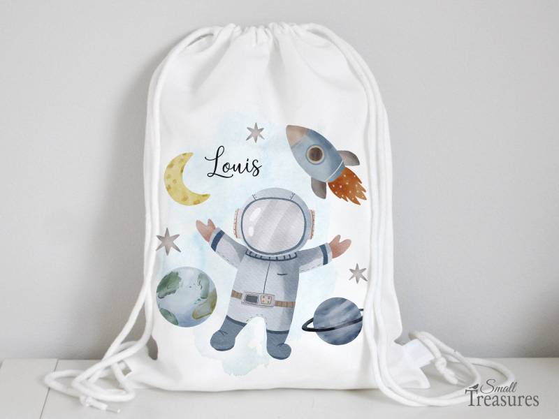 stoffbeutel Astronaut Turnbeutel Rucksack, Kindergartentasche Mit Name Personalisiert Weltraum Weltall Rakete von SmallTreasuresDE