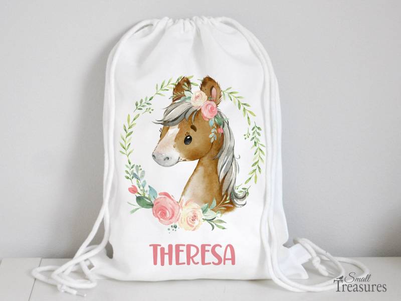 stoffbeutel Turnbeutel Rucksack, Kindergartentasche Mit Name Pferd von SmallTreasuresDE