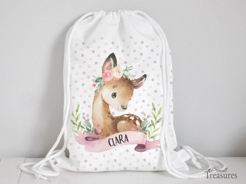 stoffbeutel Turnbeutel Rucksack, Kindergartentasche Mit Name Reh von SmallTreasuresDE