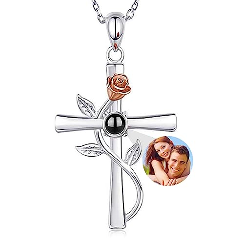 Smallduuck Ich liebe dich Halskette 100 Sprachen Silber personalisierte Foto Projektion Halsketten Rose Kreuz Anhänger Projektion Halsketten personalisierte Geschenke für Frauen Ihr Mädchen,Stil 9 von Smallduuck