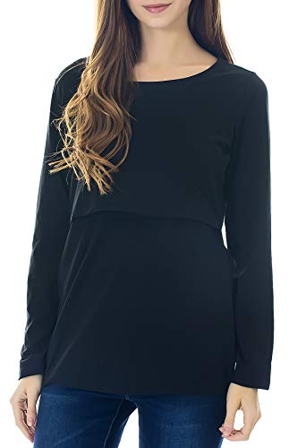 Smallshow Damen Stillshirt Umstandsmode T-Shirt Umstandstop Umstandsshirt Schwangerschaft Kleidung Stilltop Langarmshirt Black XXL von Smallshow
