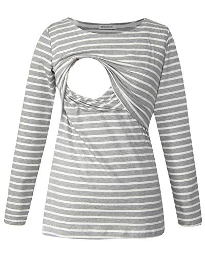 Smallshow Damen Stillshirt Umstandsmode T-Shirt Umstandstop Umstandsshirt Schwangerschaft Kleidung Stilltop Langarmshirt Grey Stripe XXL von Smallshow