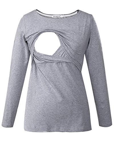 Smallshow Damen Stillshirt Umstandsmode T-Shirt Umstandstop Umstandsshirt Schwangerschaft Kleidung Stilltop Langarmshirt Grey XL von Smallshow