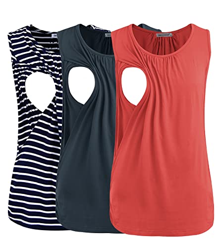 Smallshow 3er Pack Umstands-Still-Tanktops Ärmellos Stillen Tops Damen Stilloberteile,Dark Grey-Orange-Navy Stripe,XXL von Smallshow