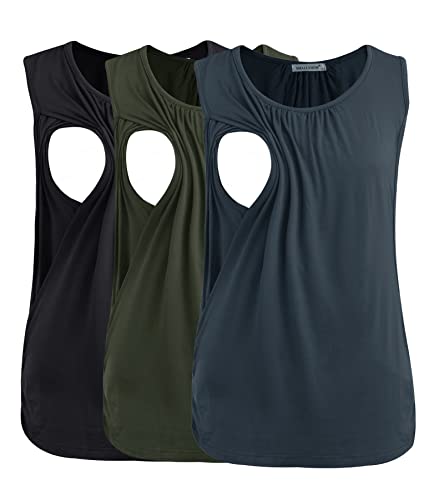Smallshow 3er Pack Umstands-Still-Tanktops Ärmellos Stillen Tops Damen Stilloberteile,Army Green-Black-Dark Grey,XXL von Smallshow