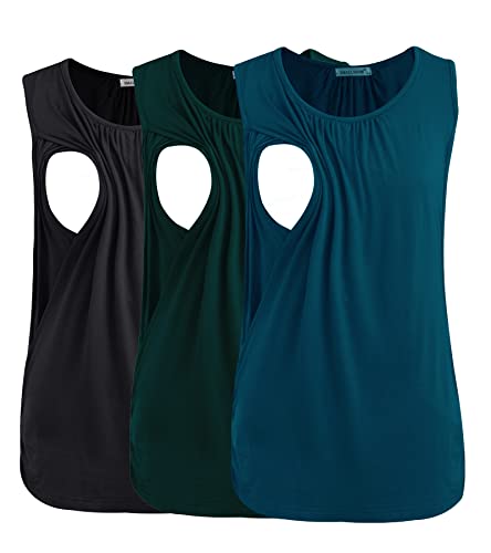 Smallshow 3er Pack Umstands-Still-Tanktops Ärmellos Stillen Tops Damen Stilloberteile,Black-Deep Green-Teal,L von Smallshow