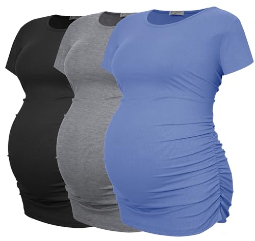 Smallshow 3er Pack Umstandsshirt Kurzarm Umstandsmode Sommer Umstands Tshirt,Black-Blue-Light Grey,M Smallshow 3er Pack Umstandsshirt Kurzarm Umstandsmode Sommer Umstands Tshirt,Black-Blue-Light Grey,M von Smallshow