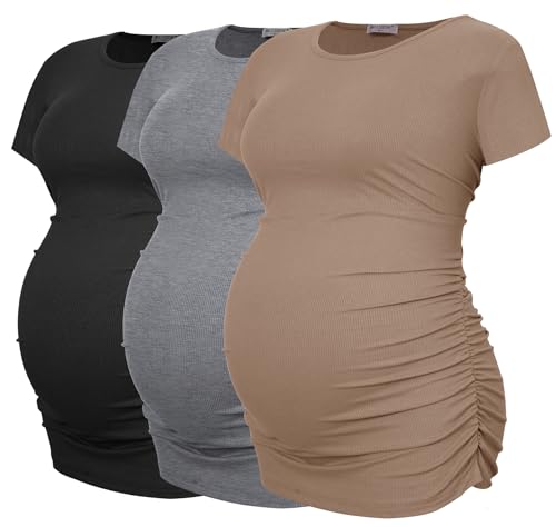 Smallshow 3er Pack Umstandsshirt Kurzarm Umstandsmode Sommer Umstands Tshirt,Black-Brown-Light Grey,M von Smallshow