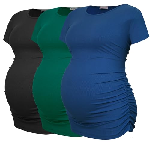 Smallshow 3er Pack Umstandsshirt Kurzarm Umstandsmode Sommer Umstands Tshirt,Black-Deep Green-Teal,L von Smallshow