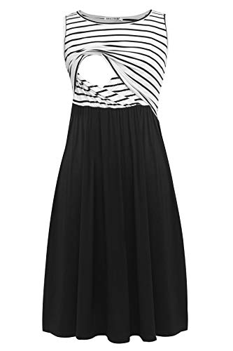 Smallshow Ärmelloses Patchwork-Umstandskleid mit Taschen für Frauen White Stripe-Black Medium von Smallshow