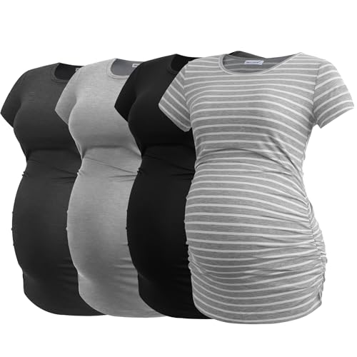 Smallshow Damen 4er-Pack Umstandsshirts Kurzarm Schwangerschaft Tops Kleidung, Schwarz-tiefgrau-hellgrau-hellgrau gestreift (4er-Pack), XX-Large von Smallshow