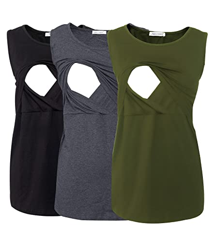 Smallshow Damen Ärmellose Umstandstop Mutterschaft Umstandskleidung Stillen Weste Tops 3 Stücke Army Green-Black-Deep Grey L von Smallshow