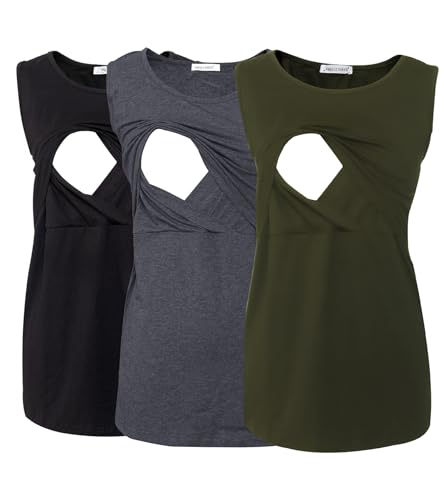 Smallshow Damen Ärmellose Umstandstop Mutterschaft Umstandskleidung Stillen Weste Tops 3 Stücke Army Green-Black-Deep Grey M von Smallshow