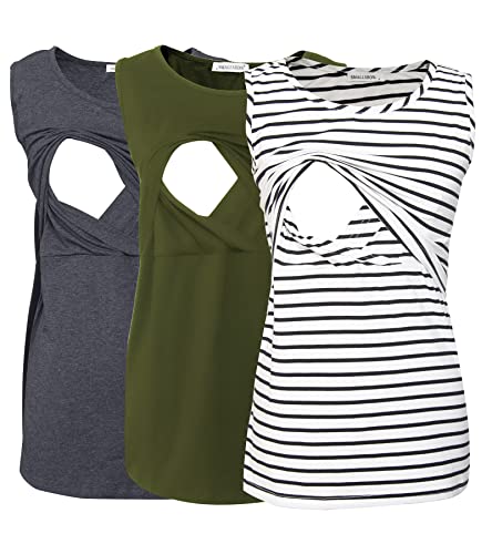 Smallshow Damen Ärmellose Umstandstop Mutterschaft Umstandskleidung Stillen Weste Tops 3 Stücke Army Green-Deep Grey-White Stripe L von Smallshow