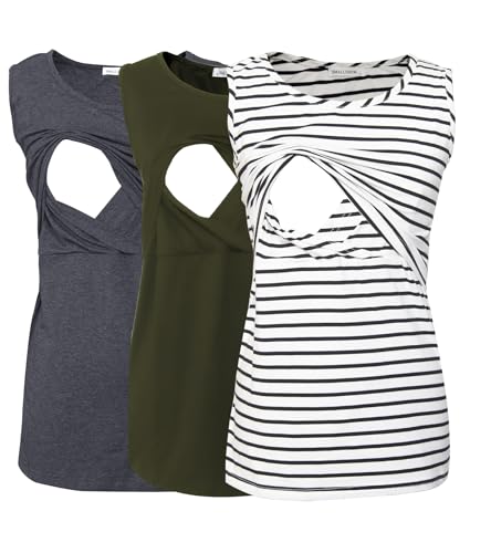 Smallshow Damen Ärmellose Umstandstop Mutterschaft Umstandskleidung Stillen Weste Tops 3 Stücke Army Green-Deep Grey-White Stripe L von Smallshow