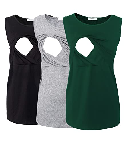 Smallshow Damen Ärmellose Umstandstop Mutterschaft Umstandskleidung Stillen Weste Tops 3 Stücke Black-Light Grey-Deep Green M von Smallshow