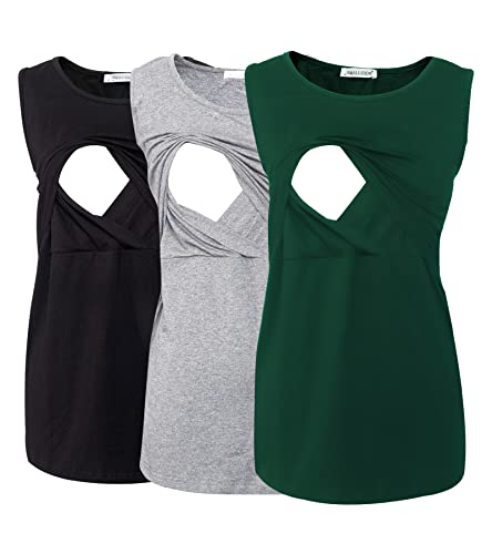 Smallshow Damen Ärmellose Umstandstop Mutterschaft Umstandskleidung Stillen Weste Tops 3 Stücke Black-Light Grey-Deep Green S von Smallshow