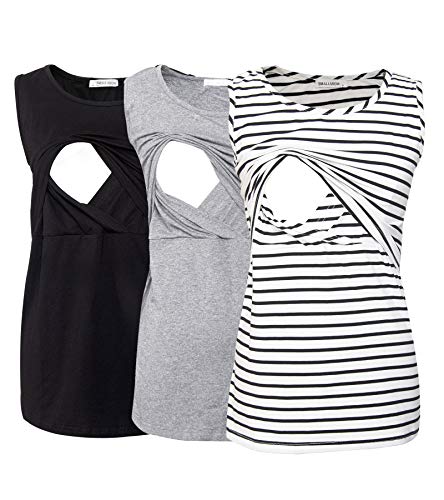 Smallshow Damen Ärmellose Umstandstop Mutterschaft Umstandskleidung Stillen Weste Tops 3 Stücke Black-Light Grey-White Stripe XL von Smallshow