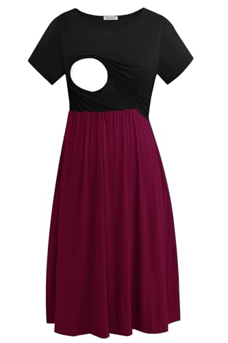 Smallshow Damen Kurzarm Patchwork Stillkleider zum Stillen, burgunderfarben, L von Smallshow