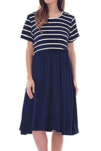 Smallshow Damen Lässiges Kurzarm Stillkleid Umstandskleid für Stillen Navy Stripe-Navy Large von Smallshow