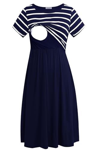 Smallshow Damen Lässiges Kurzarm Stillkleid Umstandskleid für Stillen Navy Stripe-Navy Small von Smallshow