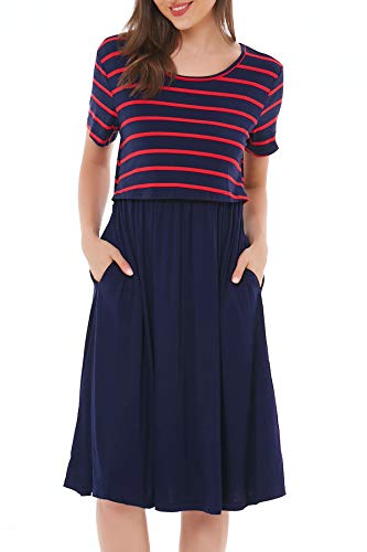 Smallshow Damen Lässiges Kurzarm Stillkleid Umstandskleid für Stillen Navy Wine Stripe-Navy Large von Smallshow