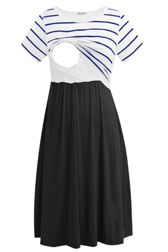 Smallshow Damen Lässiges Kurzarm Stillkleid Umstandskleid für Stillen White Stripe/Deep Grey XX-Large von Smallshow