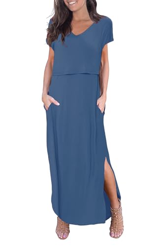 Smallshow Damen Lang Split Stillkleid Kurzarm Umstandskleid Sommer Grey Blue L von Smallshow