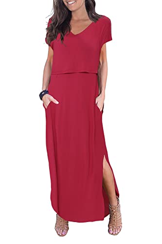 Smallshow Damen Lang Split Stillkleid Kurzarm Umstandskleid Sommer Wine L von Smallshow