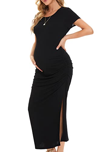 Smallshow Damen Lang Split Umstandskleid Sommer Kurzarm Umstandsmode Black XL von Smallshow