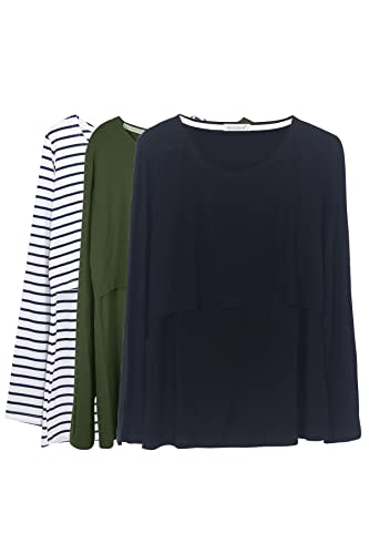 Smallshow Damen Stillshirt Langarm Umstandsshirt 3er Pack,Army Green/Black/White Stripe,2XL von Smallshow