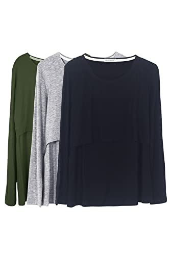 Smallshow Damen Stillshirt Langarm Umstandsshirt 3er Pack,Black/Grey/Army Green,2XL von Smallshow