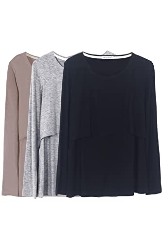 Smallshow Damen Stillshirt Langarm Umstandsshirt 3er Pack,Black/Grey/Brown,L von Smallshow