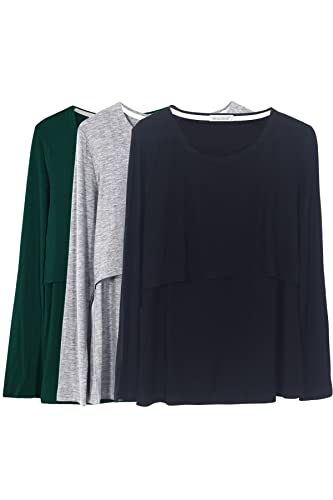 Smallshow Damen Stillshirt Langarm Umstandsshirt 3er Pack,Black/Grey/Deep Green,2XL von Smallshow