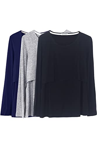 Smallshow Damen Stillshirt Langarm Umstandsshirt 3er Pack,Black/Grey/Navy,L von Smallshow