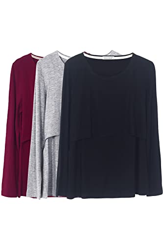 Smallshow Damen Stillshirt Langarm Umstandsshirt 3er Pack,Black/Grey/Wine,2XL von Smallshow