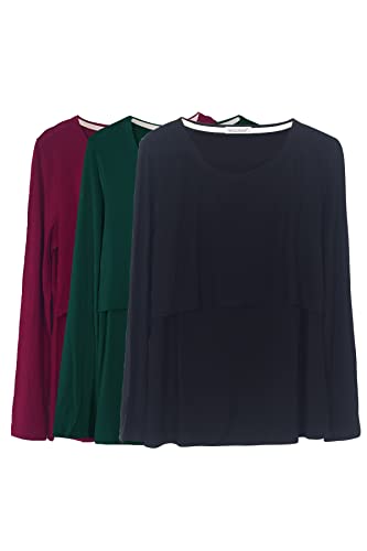 Smallshow Damen Stillshirt Langarm Umstandsshirt 3er Pack,Wine/Deep Green/Black,2XL von Smallshow